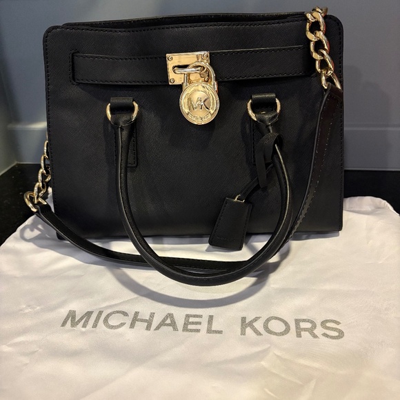 Michael Kors Hamilton Saffiano Satchel Black and Gold - Picture 1 of 4